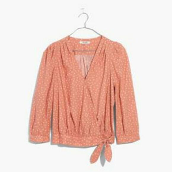 Madewell Wrap V-neck Pleated Tie Waist Button Cuff Blouse in Star Scatter Pink - Picture 1 of 15